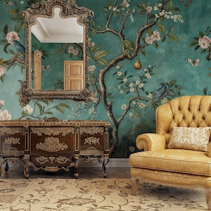 Navy Blue Chinoiserie Wallpaper Peel and Stick, Tree and Birds Wallpaper, Peacock Wall Mural, Crane Wallpaper, Removable Wallpaper Flowers