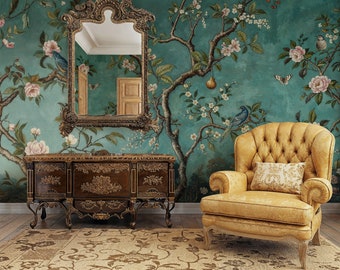 Navy Blue Chinoiserie Peel and Stick Wallpaper: Birds & Flowers