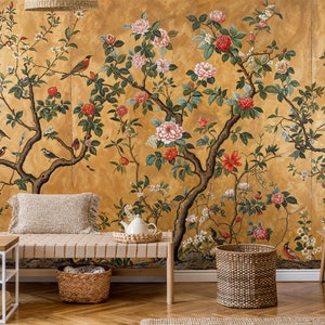 Chinoiserie Wallpaper, Gold Vintage Birds Wallpaper, Floral Wallpaper, Asian Wall Mural, Peacock Wall Mural, Birds and Flowers Wallpaper