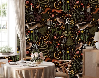 Forest Animals Wallpaper: Vintage Mushroom, Woodland Peel and Stick Mural