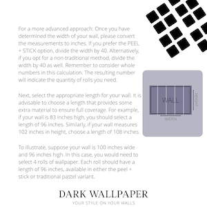May include: A graphic with text about wallpaper installation, including instructions on measuring wall width and height in inches. It features a diagram of a wall with width and height labels, and the text "DARK WALLPAPER" at the bottom.