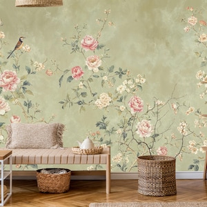 Chinoiserie and Rose Wallpaper Peel and Stick, Tree and Birds Wallpaper, Peacock Wall Mural, Crane Wallpaper, Removable Wallpaper Flowers