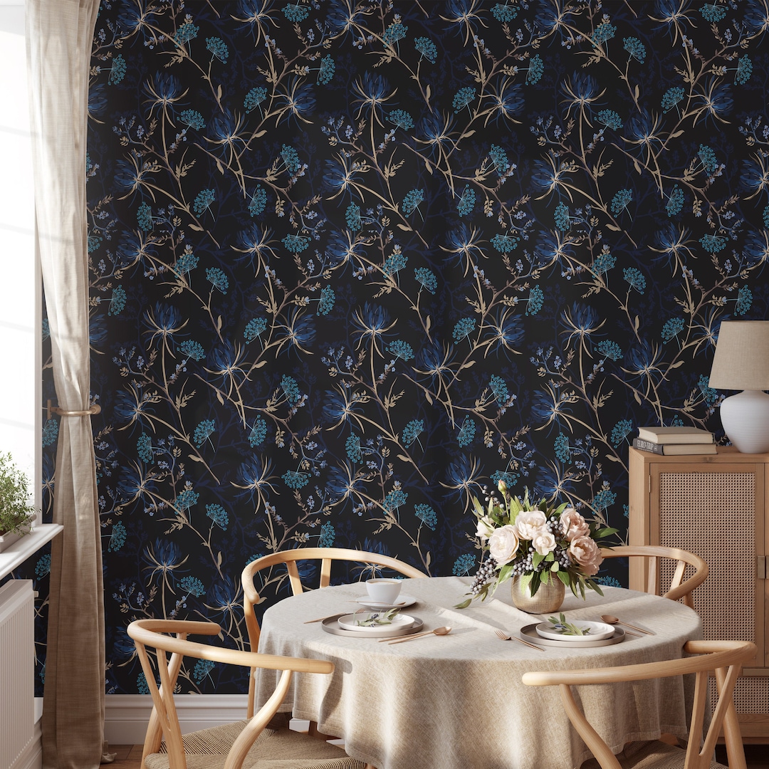 Dark Floral Wallpaper, Navy Blue Botanical Mural, Peel and Stick - Etsy