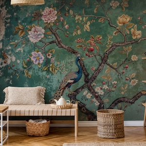 Chinoiserie Wallpaper Peel and Stick, Blossom Wallpaper, Floral Wallpaper, Peacock Wallpaper, Crane Wallpaper, Birds and Flowers Wallpaper