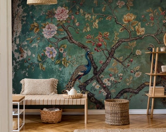 May include: A teal green wallpaper with a floral pattern and peacocks. The wallpaper is distressed and has a vintage look. The wallpaper is in a room with a bench, a basket, and a shelf.