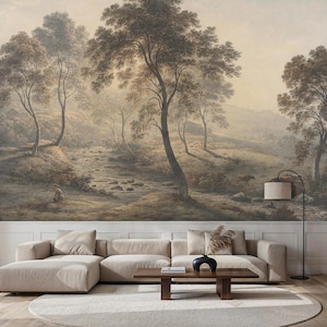 Rustic Countryside Landscape Mural: River Valley with Trees and Cows Peel and Stick Wallpaper