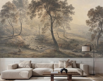 Rustic Countryside Landscape Mural: River Valley with Trees and Cows Peel and Stick Wallpaper