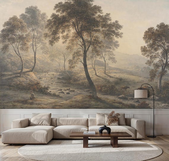 Rustic Countryside Landscape Mural: River Valley with Trees and Cows Peel and Stick Wallpaper