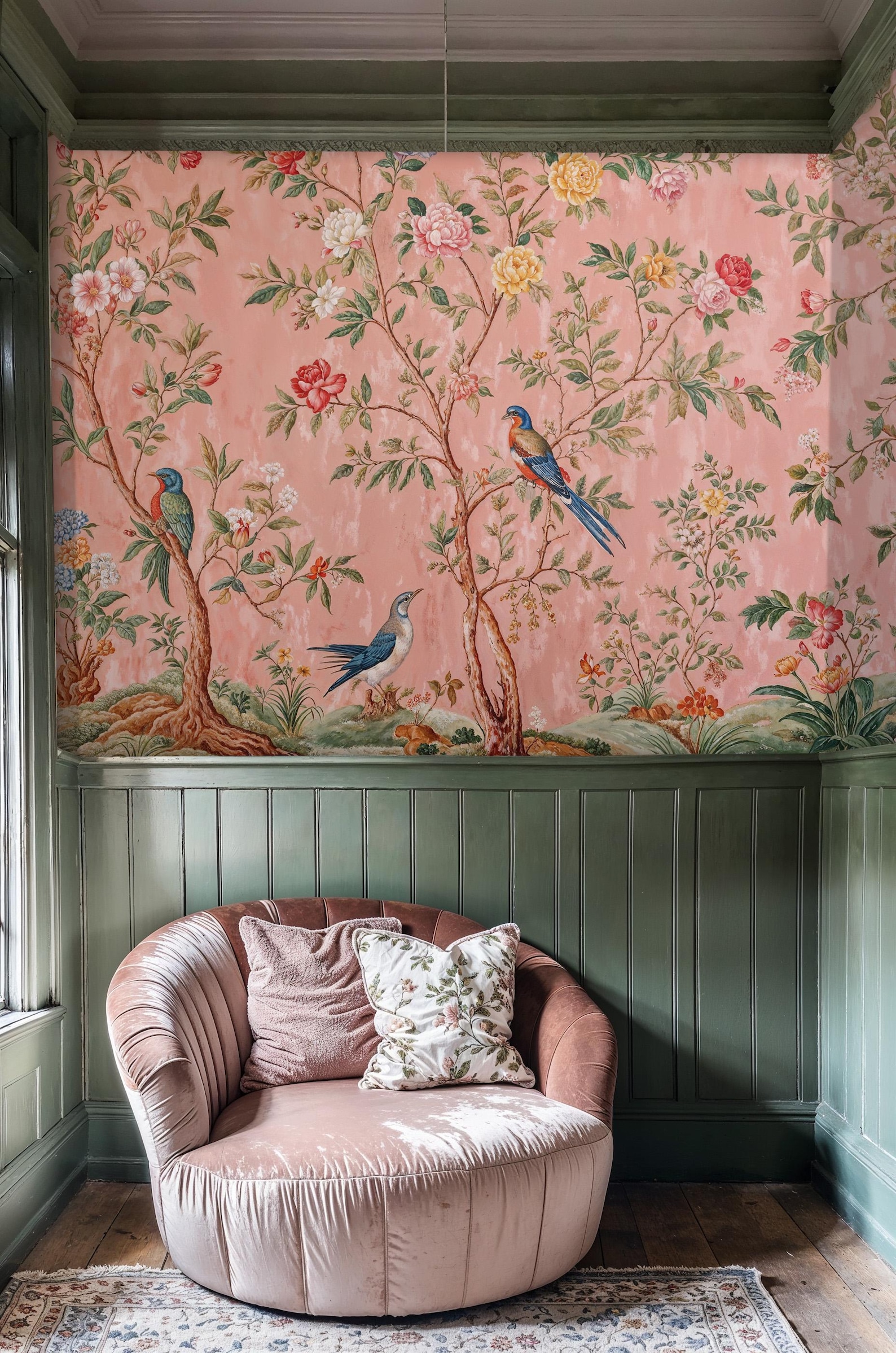 Pink Chinoiserie Wallpaper Mural: Birds, Flowers, Trees - Etsy