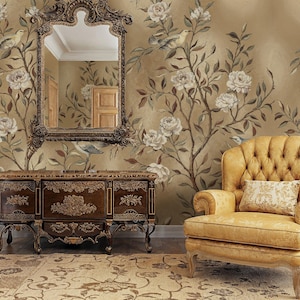 Boho Chinoiserie Wallpaper, Vintage Birds Wallpaper, Floral Wallpaper, Asian Wall Mural, Peacock Wall Mural, Birds and Flowers Wallpaper