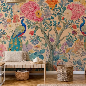 Colorful Peacock Wallpaper, Vintage Bird Wallpaper, Floral Wallpaper, Asian Wall Mural, Peacock Wallpaper Flower, Birds and Flower Wallpaper