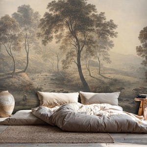 Rustic Countryside Landscape Mural: River Valley with Trees and Cows Peel and Stick Wallpaper Bild 9