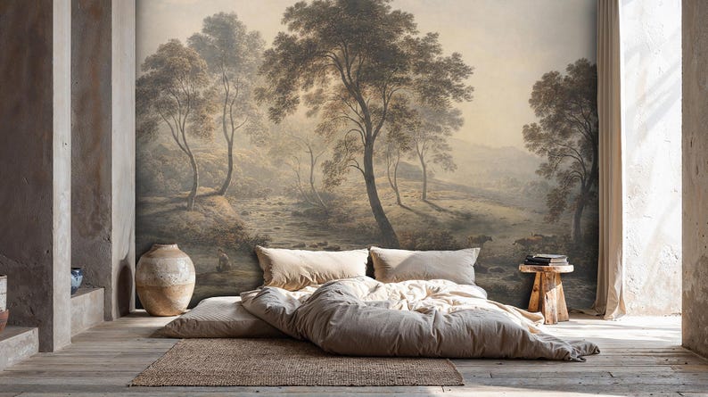 Rustic Countryside Landscape Mural: River Valley with Trees and Cows Peel and Stick Wallpaper Bild 9