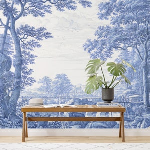 Blue Tree and River View Wallpaper, Landscape Watercolor Wallpaper, Scenic Wall Mural, Peel and Stick Wallpaper, Tree Wallpaper, Wall Mural