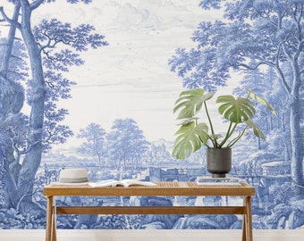 Blue Watercolor Landscape Wallpaper: Scenic River View (Peel and Stick)