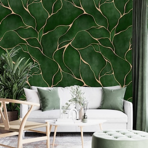 Peel and Stick Wallpaper Green and Gold, Green Watercolor Wallpaper, Dark Green Marble Wallpaper Abstract, Green and Gold Leaf Wallpaper