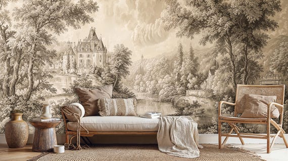 Vintage French Castle Wallpaper Mural: Sepia Chateau Scenic Peel & Stick