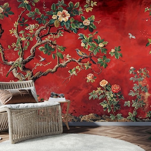 Red Chinoiserie Wallpaper, Vintage Birds Wallpaper, Floral Wallpaper, Asian Wall Mural, Peacock Wall Mural, Birds and Flowers Wallpaper