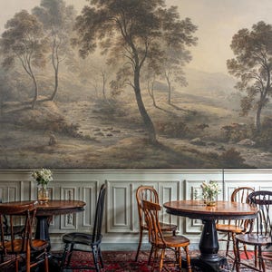 Rustic Countryside Landscape Mural: River Valley with Trees and Cows Peel and Stick Wallpaper Bild 4