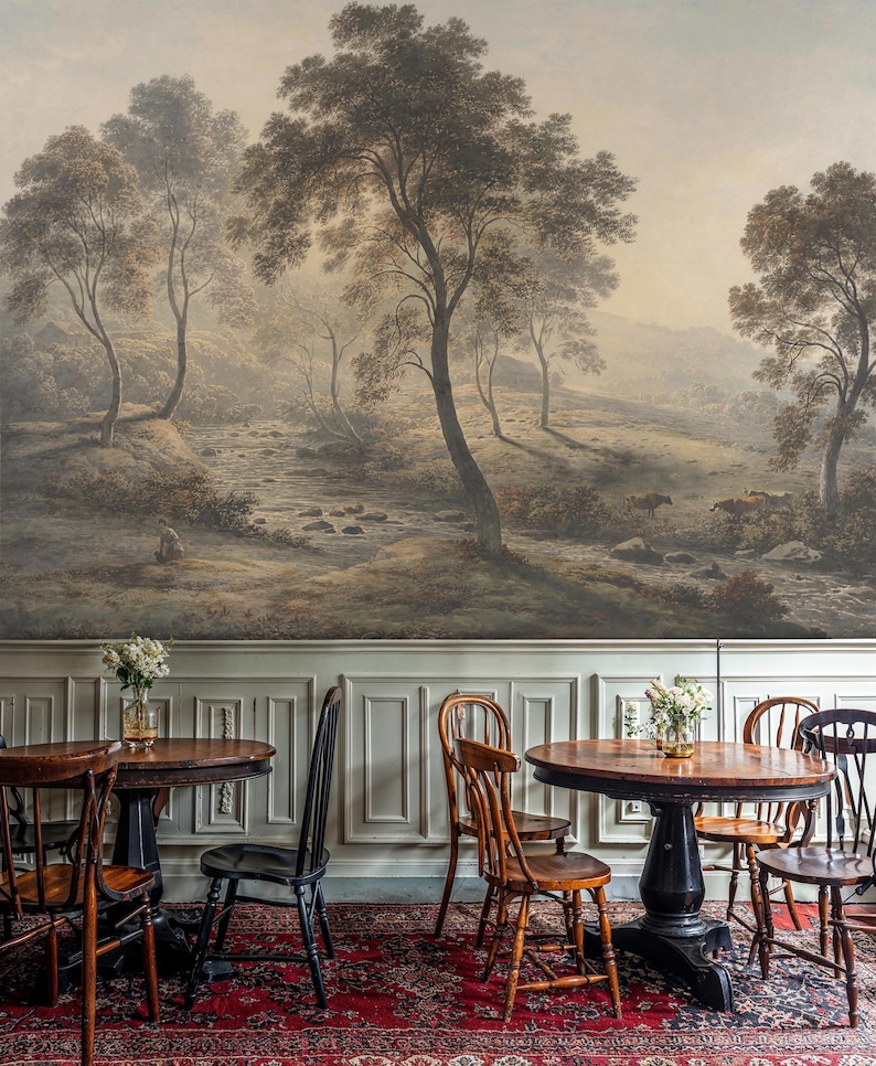 Rustic Countryside Landscape Mural: River Valley with Trees and Cows Peel and Stick Wallpaper Bild 4