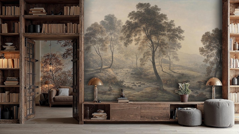 Rustic Countryside Landscape Mural: River Valley with Trees and Cows Peel and Stick Wallpaper Bild 2