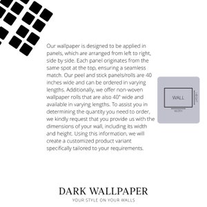 May include: White background with a black geometric pattern in the upper left corner. Text reads "Our wallpaper is designed to be applied in panels..." and "DARK WALLPAPER YOUR STYLE ON YOUR WALLS". A diagram shows wall dimensions.
