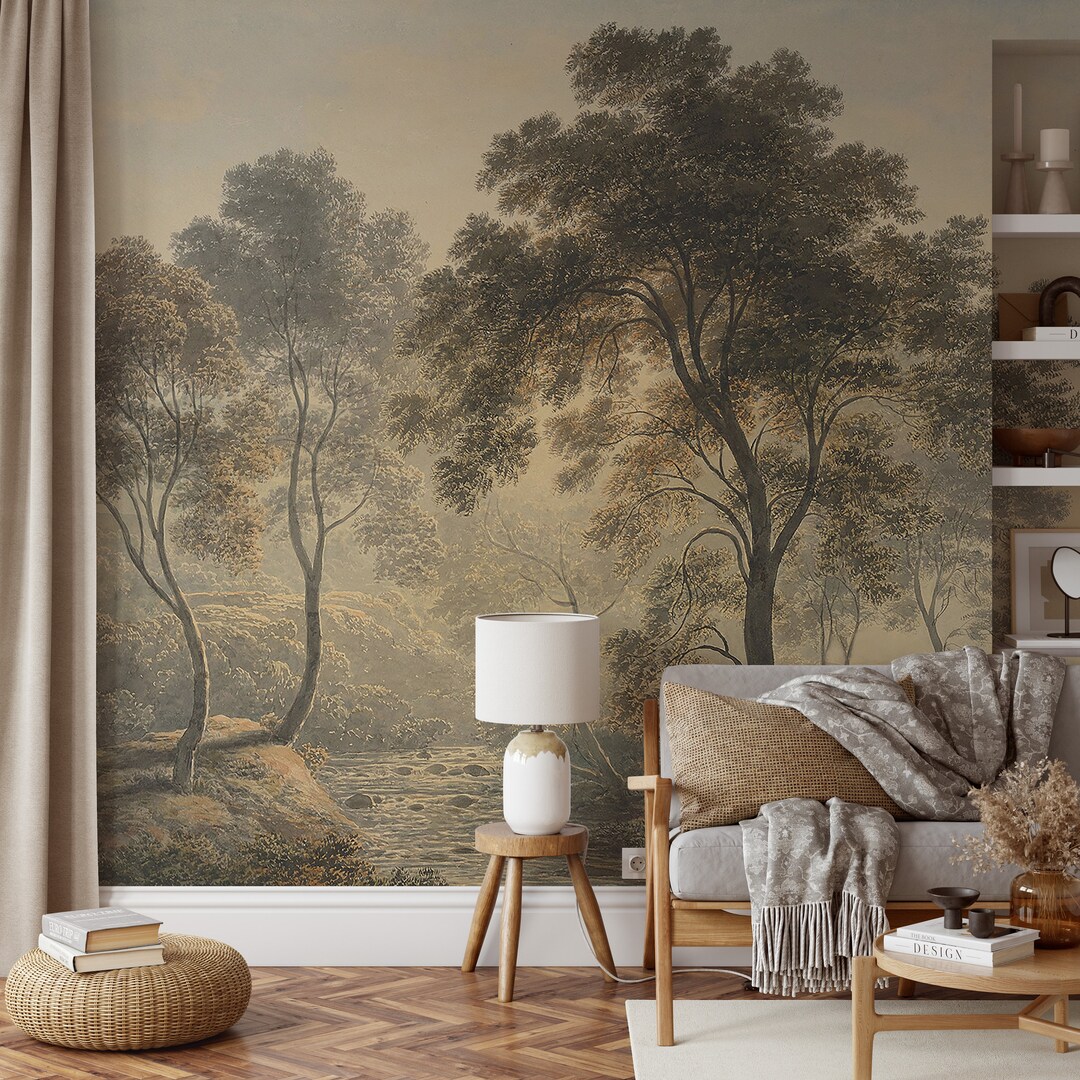 Tree and River View Wallpaper, Scenic Wall Mural, Landscape Watercolor ...