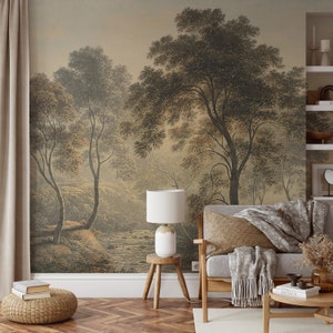 Tree and River View Wallpaper, Scenic Wall Mural, Landscape Watercolor Wallpaper, Peel and Stick Wallpaper, Tree Wallpaper, 3d Wallpaper