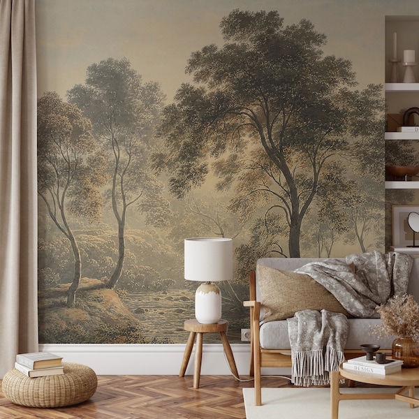 Tree and River View Wallpaper, Scenic Wall Mural, Landscape Watercolor Wallpaper, Peel and Stick Wallpaper, Tree Wallpaper, 3d Wallpaper