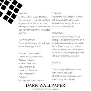 May include: Informational text about wallpaper material, cleaning, and application. The text details surfaces not recommended for application, including textured walls and unpainted drywall. The brand name "DARK WALLPAPER" is displayed at the bottom.