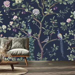 Navy Blue Chinoiserie Wallpaper Peel and Stick, Peacock Wallpaper, Cherry Blossom Peel and Stick Wallpaper, Flower Wallpaper Mural