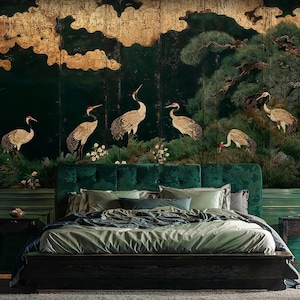 Chinoiserie Crane Wallpaper | Green and Gold Oriental Bird Wall Mural