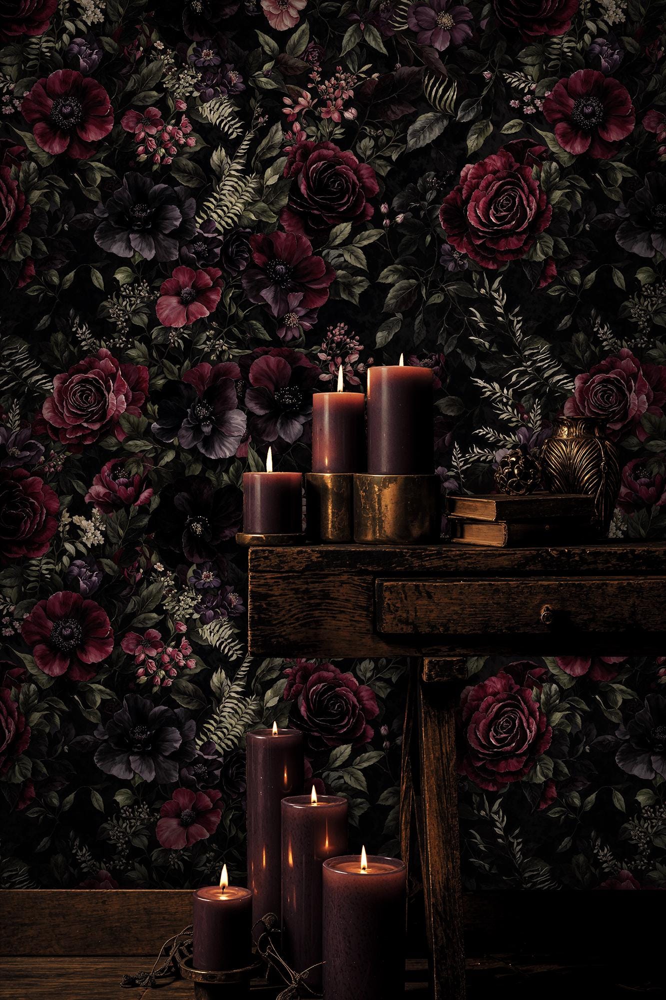 Dark Botanical Floral Wallpaper: Deep Burgundy Rose & Purple Gothic