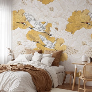 Chinoiserie Wallpaper Peel and Stick, Japanese Crane Wallpaper Mural, Yellow Peony Wallpaper, Floral Wallpaper with Birds, Luxury Wall Mural