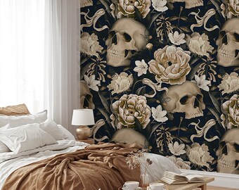 Dark Floral Skull Wallpaper, Gothic Skeleton Wall Mural
