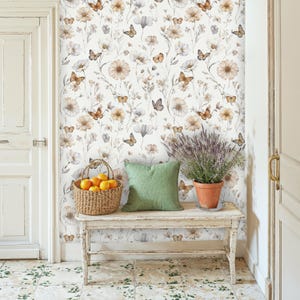 Floral Butterfly Peel and Stick Wallpaper: Pastel Botanical Wall Mural