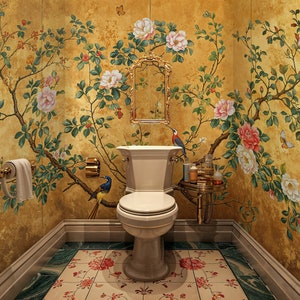 Gold Chinoiserie Wallpaper, Vintage Birds Wallpaper, Floral Wallpaper, Asian Wall Mural, Peacock Wall Mural, Birds and Flowers Wallpaper