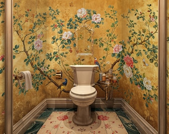 Gold Chinoiserie Wallpaper: Vintage Floral Birds Wall Mural