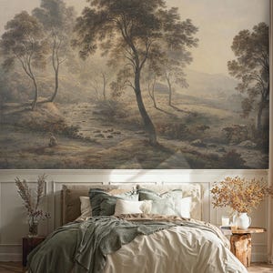 Rustic Countryside Landscape Mural: River Valley with Trees and Cows Peel and Stick Wallpaper Bild 3