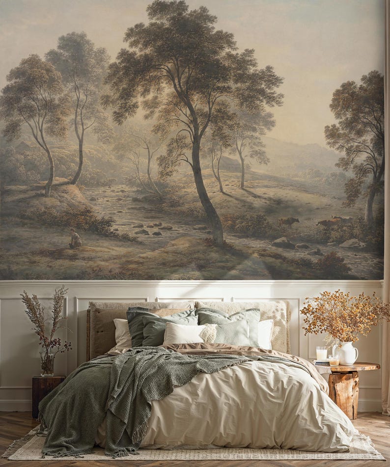 Rustic Countryside Landscape Mural: River Valley with Trees and Cows Peel and Stick Wallpaper Bild 3