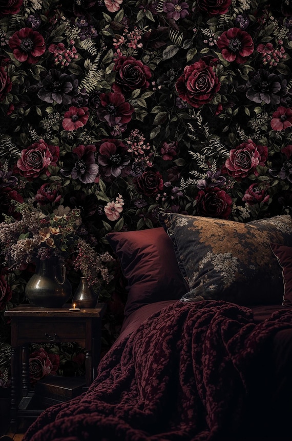 Dark Botanical Floral Wallpaper: Deep Burgundy Rose & Purple Gothic Bloom Mural