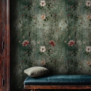 Dark Moody Floral Wallpaper: Aged Green Peel and Stick Flower Wall Mural