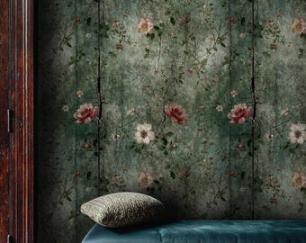 Dark Moody Floral Wallpaper: Aged Green Peel and Stick Flower Wall Mural