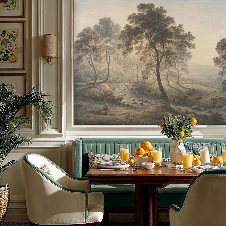 Rustic Countryside Landscape Mural: River Valley with Trees and Cows Peel and Stick Wallpaper Bild 8