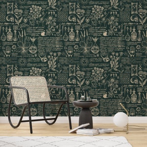 Vintage Botanical Science Peel and Stick Wallpaper, Custom Retro Wall Mural, Green Medicine and Herbal Theme Wallpaper, Retro Wallpaper