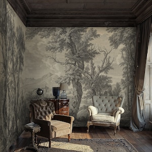 Scenic Woodland Wallpaper Mural: Beige Vintage Tree Landscape, Self Adhesive