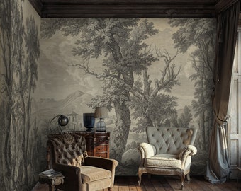Scenic Woodland Wallpaper Mural: Beige Vintage Tree Landscape, Self Adhesive