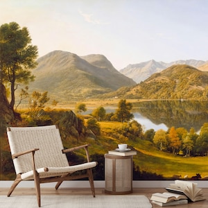 May include: A scenic landscape mural featuring a lake surrounded by rolling hills and lush green trees. The mural is painted in a realistic style with a warm color palette.