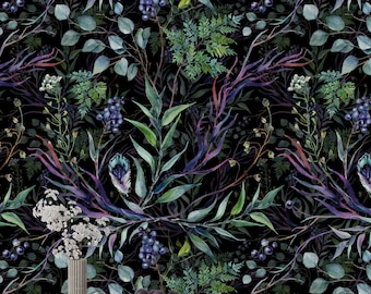 Puede incluir: Un patrón de acuarela con hojas, ramas y bayas de color verde oscuro y morado sobre un fondo negro. El patrón se repite sin problemas y es ideal para usar en decoración del hogar, moda y otros proyectos creativos.