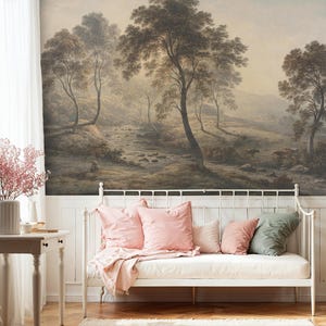 Rustic Countryside Landscape Mural: River Valley with Trees and Cows Peel and Stick Wallpaper Bild 11